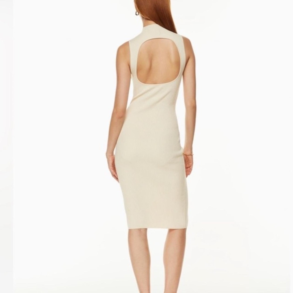 Aritzia Babaton‎ Cream Midi Dress Mock Neck Cut Out Open Back Large - Picture 3 of 10